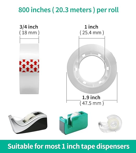 48 Rolls Transparent Tape Refills, Clear Tape Dispenser Refill Rolls, Glossy Gift Wrap Tapes for Office, School, Home, 3/4 x 800 Inches