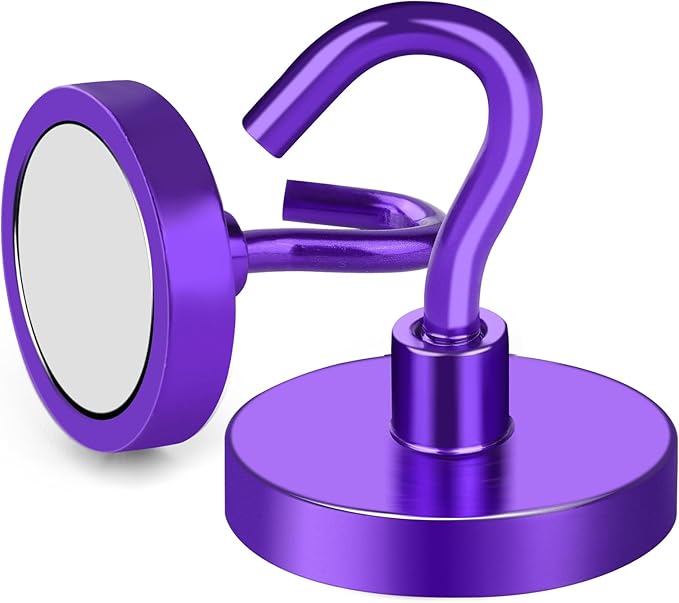MIKEDE Strong Magnetic Hooks, 120Lbs Heavy Duty Magnetic Hooks for Cruise, Neodymium Earth Magnets with Hooks for Hanging, Super Metal Industrial Magnets for Grill, Storage (Purple,10 Pack)