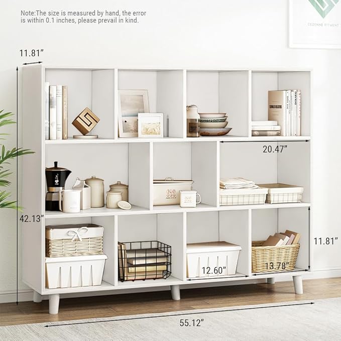 IOTXY Open Cube Low Bookcase - 3-Tier Freestanding Storage Display Cabinet Organizer with Legs for Home Office, 11-Cubes Open Shelf Short Bookshelf, White