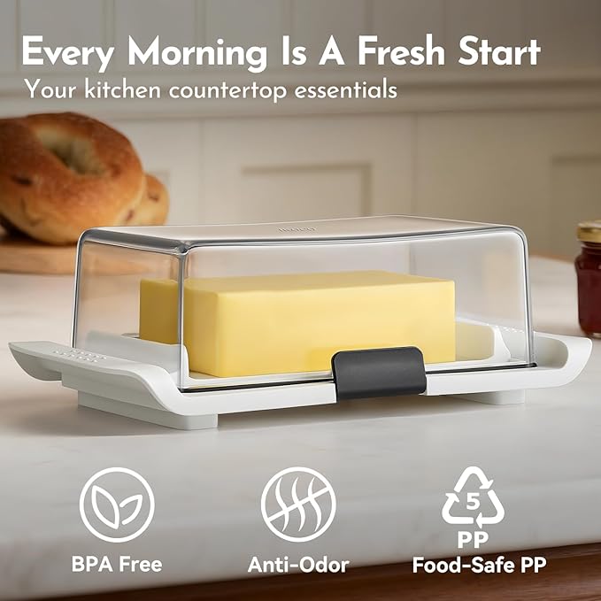 Butter Dish with Lid, IKOCO Large Butter Dish with Knife for Countertop and Refrigerator, Plastic Butter Holder Container Tray for 2 Sticks Butter, White
