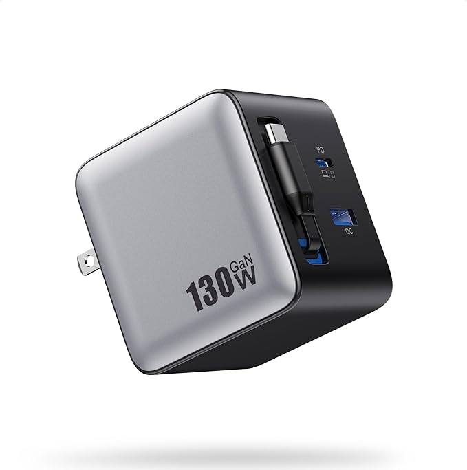 130W USB C Wall Charger,GaN III 3-Port Fast Charging Station,PD QC Foldable Charger Block Portable 65W USB C Laptop Adapter for MacBook Pro/Air,iPad Pro,Galaxy S23,Dell XPS,iPhone 16