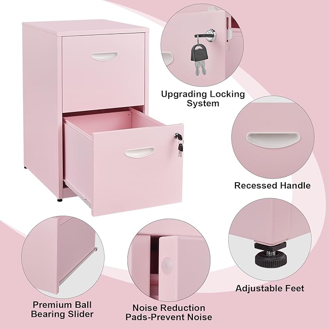 2 Drawer File Cabinet with Lock, Metal Vertical File Cabinets, 18"D Pink Storage Filing Cabinet for Home Office, Steel Light Duty Locked 2 drawer File Cabinets for Letter Size Files,Assembly Required
