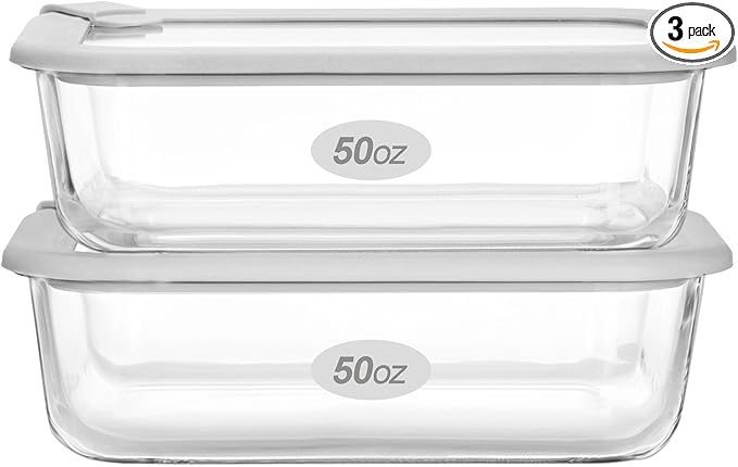 Glass Food Containers with Glass Lid, Microwave Safe Food Storage Container Set, 2 Pack of 50oz, Large Size Airtight Storage Set with Leak Proof Lids, Meal Prep Containers