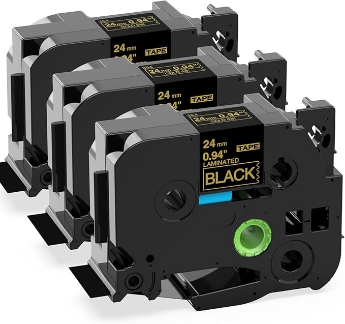 Label KINGDOM 24mm Gold on Black Label Tape Replacement for Brother P-Touch TZe-354 TZe354 1 Inch TZe Tape 24mm 0.94 Laminated Black Compatible with Brother Ptouch PTD600 PTP700 PTP750W PT2730, 3-Pack