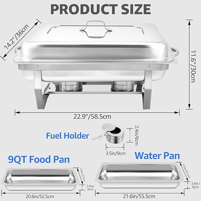 6 pack Chafing Dishes for Buffet of Stainless Steel Food Warmers 9 QT Chafers and Buffet Warmers Sets Commercial Catering Chafers, 12 Pans（full size+ 1/2 size+ 1/3 size)