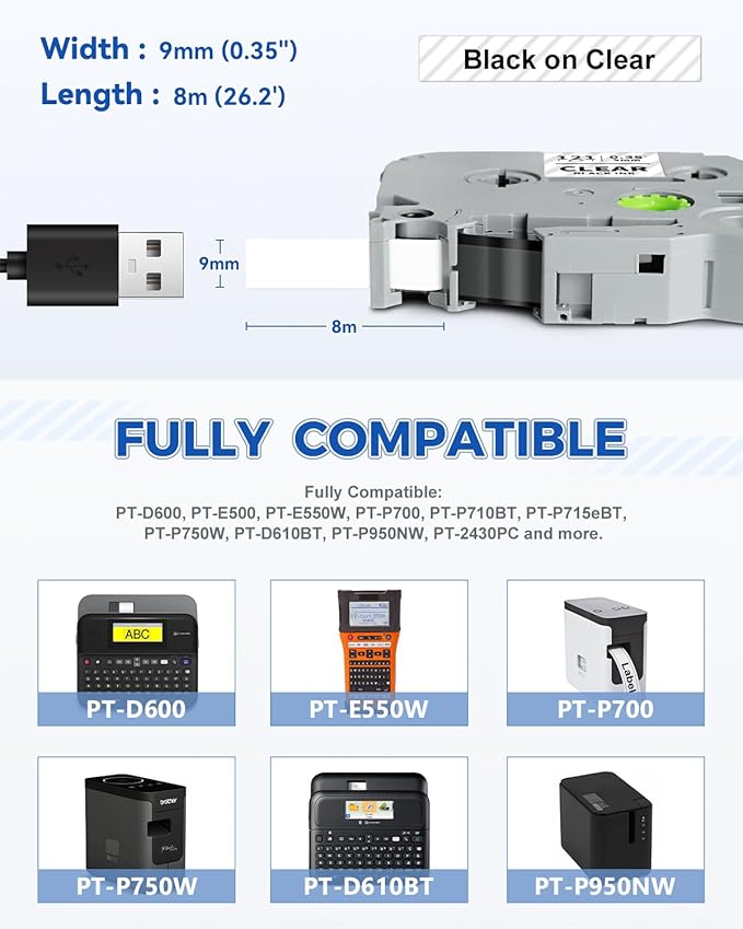 Tze121 9mm 0.35" Laminated Clear Tape Compatible for Brother 9mm Label Tape Tze-121 Tz-121 P Touch Tz Tze 9mm 3/8" Black on Clear Label for PTH110 PTD210 PT-D220 PTD400 PT-D610BT, 4-Pack