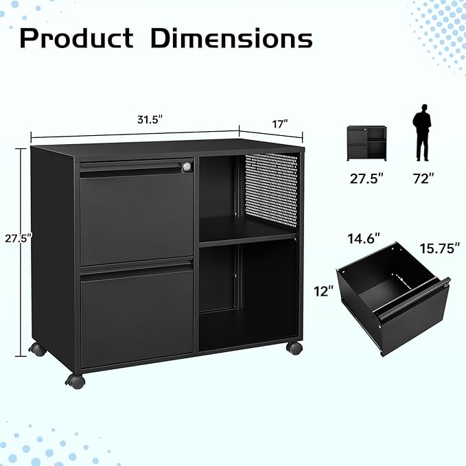 MIIIKO 2 Drawer File Cabinet on Wheels, Metal Filing Cabinets with Shelf, Home Office Mobile File Cabinet with Lock, Printer Stand Storage A4, Letter Size File Folders