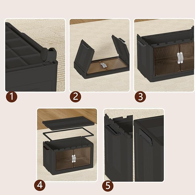 Stackable Storage Bins,164GAL Foldable Cabinet Storage Bins with Lid and Door, Collapsible Plastic Closet Organizers, Folding Multi-Use Containers for Home, Pantry, Office (L, Gray 5-Tier)