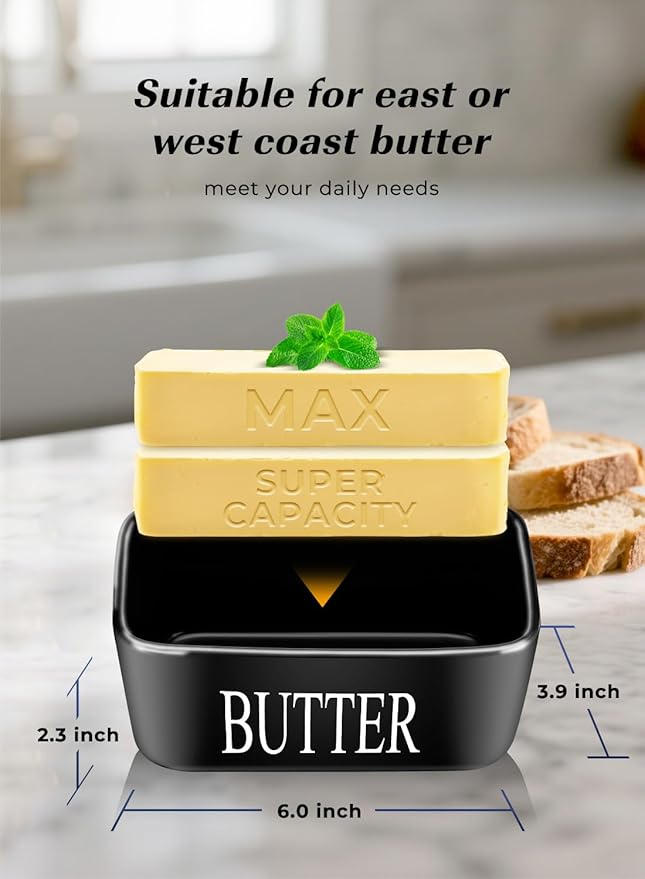 Butter Dish with Lid: Large Butter Container for Countertop - Ceramic Butter Holder for Counter - Butter Tray Butter Keeper with Knife and Sponge Scrubber - Perfect for 2 Sticks of Butter Black