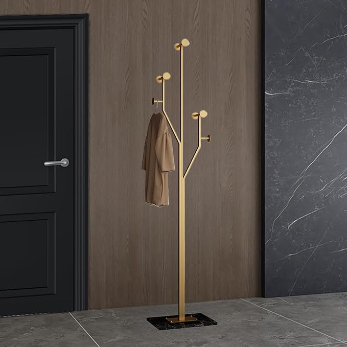 Heavy Duty Coat Rack Tree-shaped Metal Freestanding Coat Tree with Sturdy Marble Base Corner Coat Rack for Bedroom Entryway Hallway 14.96 x 10.24 x 68.9 Inches (Gold)