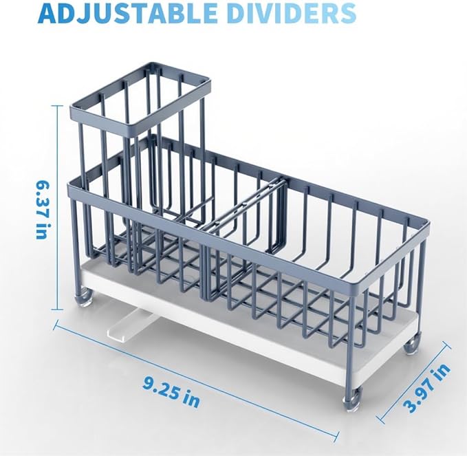 Cisily Blue Gray Sponge Holder for Kitchen Sink, Sink Caddy Organizer with High Brush Holder, Kitchen Countertop Organizers and Storage Essentials, Rustproof 304 Stainless Steel, Soap Dispenser