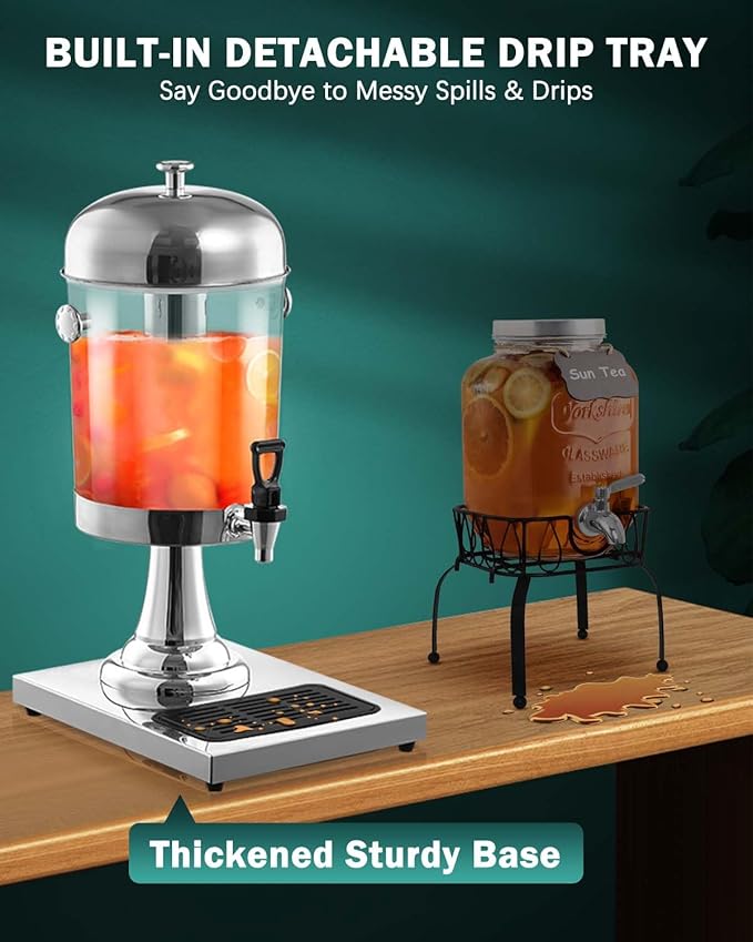 2 Gallon Drink Dispensers for Parties, [Easy-to-Clean Drip Tray Design] [Cold & Hot Dual-Use] Beverage Dispenser with Stand & Ice Core, Stainless Steel Juice Dispenser for Home Lemonade, Catering