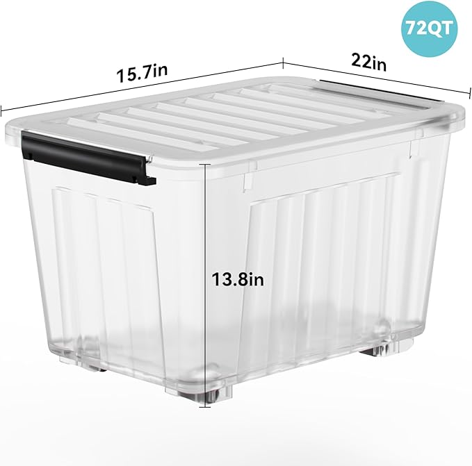 Nazhura 72 Quart Plastic Storage Bin, Stackable and Nestable Storage Boxes with Clear Lids and Secure Latching Buckles, Large Storage Container (Clear, 72Quart-4Pack)