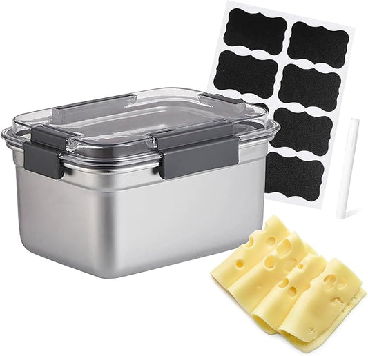 Cheese Container for Refrigerator,Cheese Stainless Steel Container with Lids,Deli Meat Saver,Kitchen Storage Keeper box,fridge organizer Stackable Sliced Grated,Shredded,Cheddar Cheeses Holder