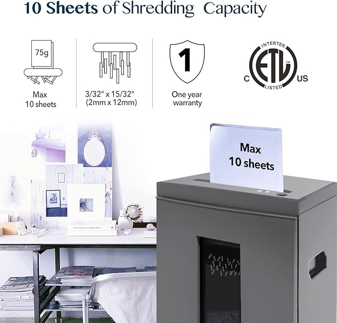 WOLVERINE 10-Sheet Super Micro Cut High Security Level P-5 Heavy Duty Paper/CD/Card Ultra Quiet Shredder for Home Office by 60 Mins Running Time and 6 Gallons Pullout Waste Bin SD9612 (Grey ETL)