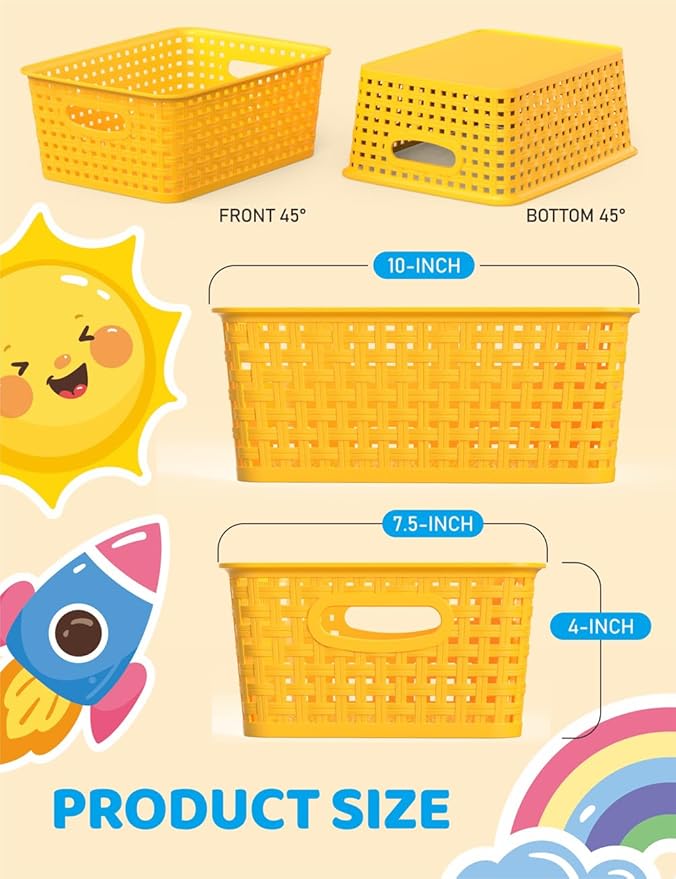 WYT 6-Pack Plastic Small Shelf Storage Weave Baskets Organizing for Cabinets and Pantries, Yellow