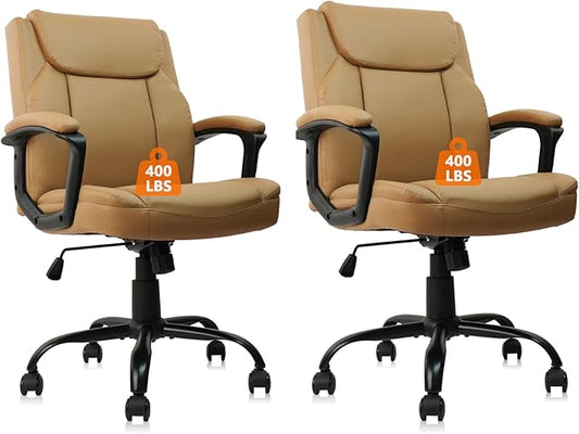 CLATINA Brown Office Computer Chair PU Leather Executive Office Chair Swivel Adjustable Height Chairs with Upholstery Fixed armrest Mid-Back Leather Thick Cushion Office Chairs Brown 2Pack
