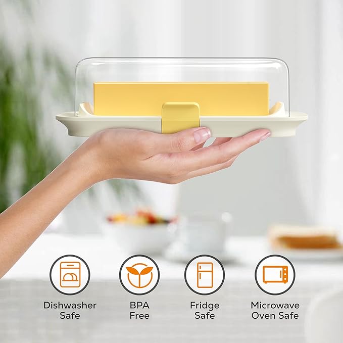 Butter Dish with Lid for Countertop and Refrigerator Door Shelf, Airtight Butter Keeper Container, Locking Butter Holder for East/West Coast Butter, BPA-free, Microwave/Dishwasher Safe