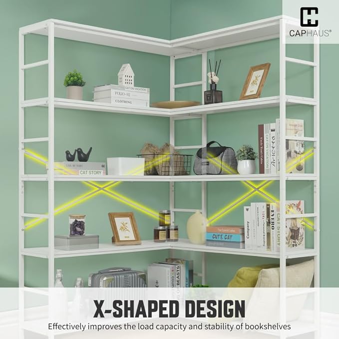 CAPHAUS L-Shaped Bookshelf, 5 Tier Industrial Corner Bookcase, Tall Corner Shelf with Metal Frame, Wooden Board, Open Display Shelf for Living Room, Bedroom, Home and Office,White