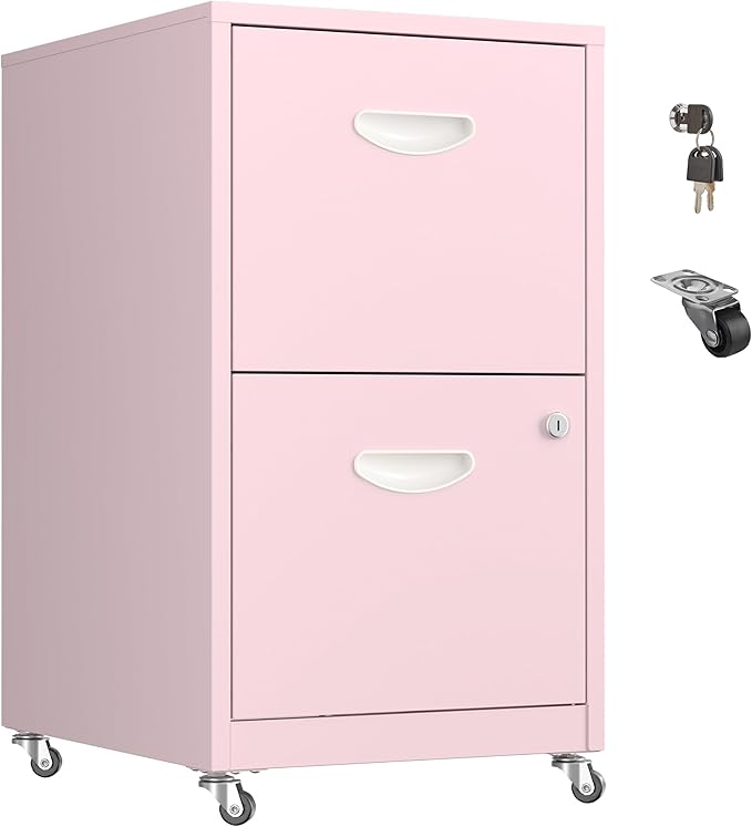 2 Drawer Mobile File Cabinet with Lock, Metal Filing Cabinets with Wheels, Pink Rolling Storage Cabinet, Under Desk Vertical File Cabinet for Home Office, Lockable Steel Two Drawer for Letter Size