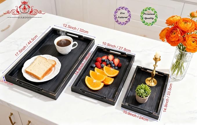 Coffee Table Tray Decorative Nested Vintage Wood Serving Tray Set for Eating, Breakfast, Party, Kitchen, Ottoman,Tea Coffee Table Large Ottoman Trays (Rustic Black, 3Pc)