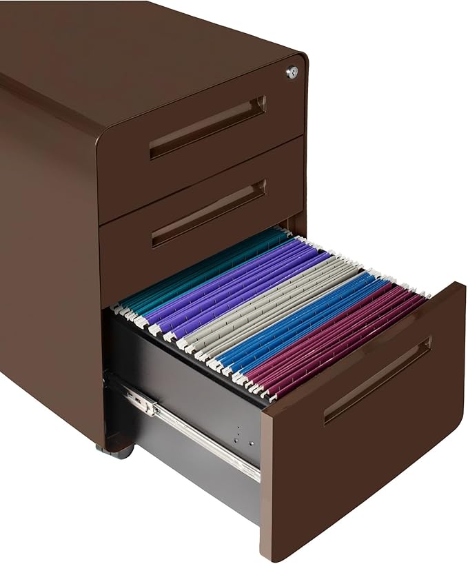 Laura Davidson Furniture Stockpile 3 Drawer File Cabinet with Lock - Under Office Desk Metal Filing Cabinet, Legal/Letter File Folders, Wheels and Stationary Feet, Pre-Assembled, Dark Brown
