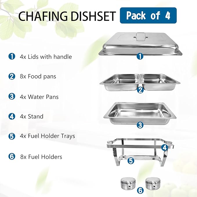 Chafing Dish for Buffet, 4 Pack Stainless Steel Chafing Servers Food Warmer Set with 8QT Half Size Food Pan for Kitchen Party Banquet Dining