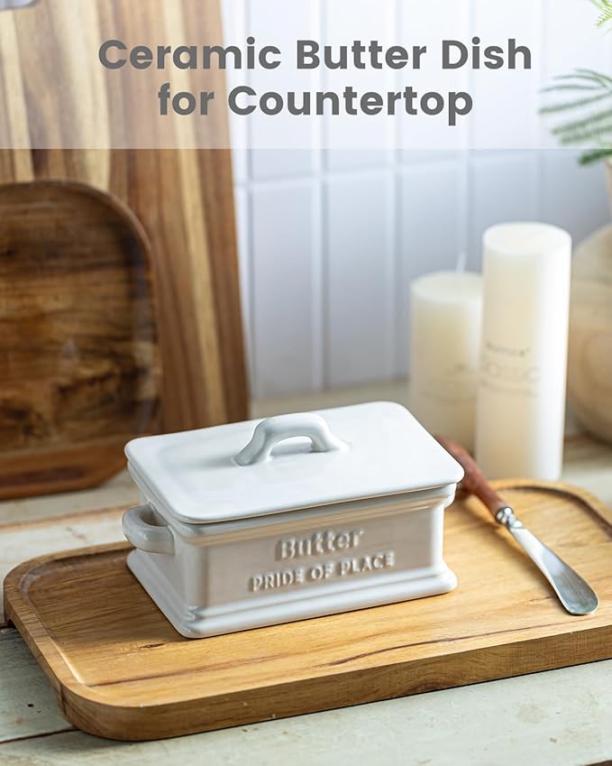 Butter Dish with Lid, Ceramic Butter Dish for Countertop Butter Holder Container Large Butter Keeper for East West Coast Butter, Thanksgiving, Christmas, White