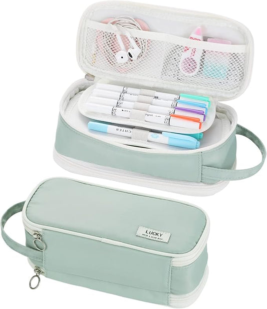 Dugio Big Pencil Case for Girls Teens Kids Zipper Pencil Pouch with Handle Organizer Pencil Bag Aesthetic Pencil Box for School Green