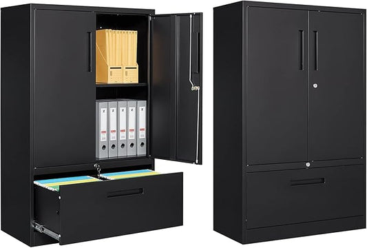 Metal File Cabinet with Drawer, Lockable Vertical Lateral Filing Storage Cabinet, File Cabinet with Storage Cabinet for Home Office, Legal/Letter/A4 Size Steel File Storage Cabinets, Black