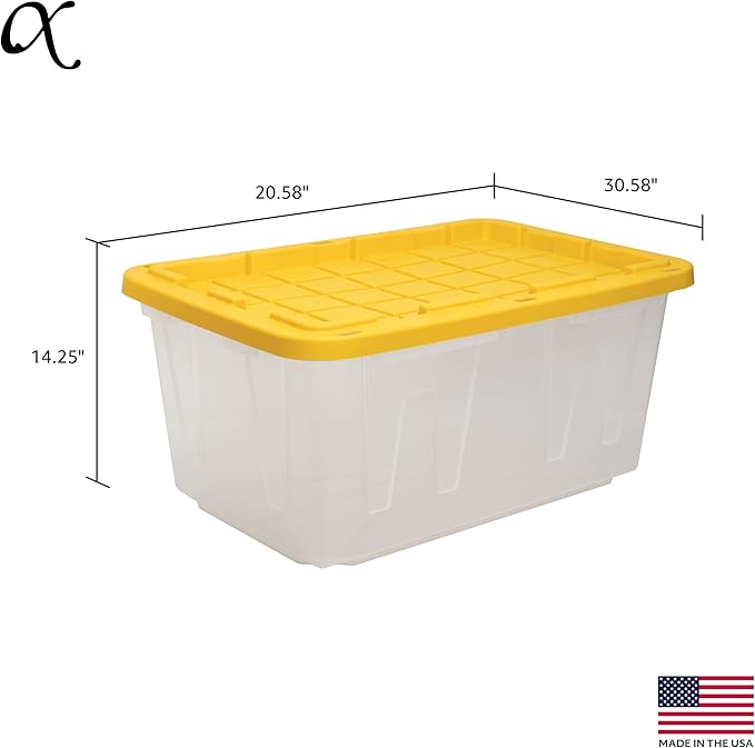CX BLACK & YELLOW, 27-Gallon Heavy Duty Clear Storage Container & Snap-Tight Lid, Clear & Yellow (14.3H x 20.6W x 30.6D), Weather-Resistant, Stackable, See-Through Organization Tote [4 Pack]