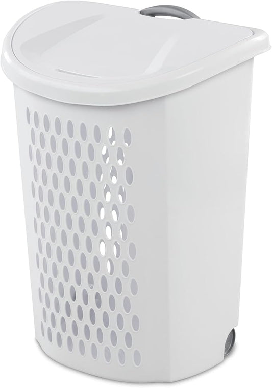 (1-Pack) Wheeled Laundry Basket - 135 Liters Large Capacity - White Plastic with a Cover and Extendable Handle, Suitable for Homes, Dormitories,Laundry Rooms and Apartments.