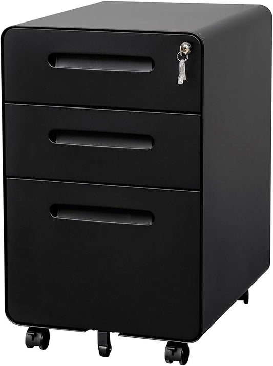 3 Drawer File Cabinet with Lock and 4 Keys, Mobile Metal Filing Cabinet, File Cabinets for Home Office, Under Desk, Pre-Assembly, File Drawer, Letter/Legal/A4 Hanging File Folders