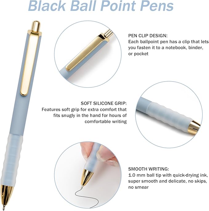 MiSiBao Black Ballpoint Pens 1.0mm Pens Retractable Ball Point Pens Smooth Writing (Plastic pen clip, 12-pack)