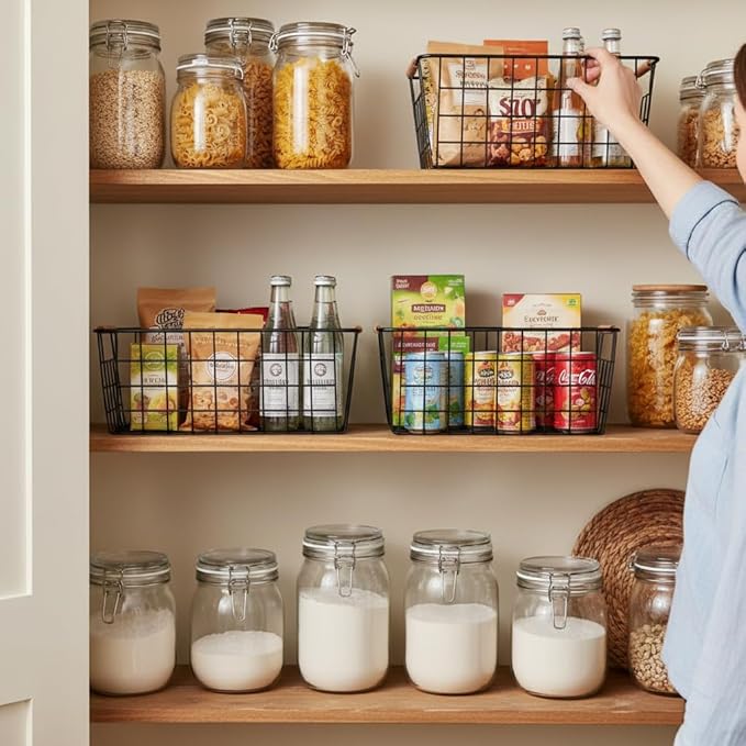 LeleCAT Wire Baskets with Wooden Handles Wire Storage Organizer Bin Baskets, Pantry, Closets, Bedrooms - Set of 2（Black）