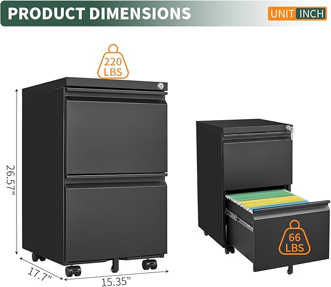 2 Drawer File Cabinet with Lock,Under Desk Rolling Small Filing Cabinet for Home Office Storage, Mobile Steel Cabinets with Wheels, Fully Assembled, Black