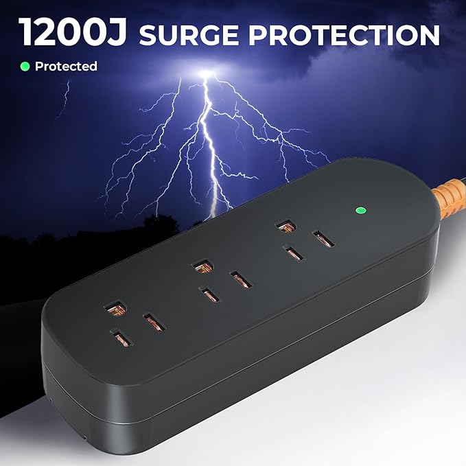 Surge Protector Power Strip,1625W/13A,5Ft Extension Cord with 3 Outlets,Waterproof Class 6 Heavy Duty Extension Cord for Indoor Outdoor,UL FCC IPX6 Listed (Black, 5FT)