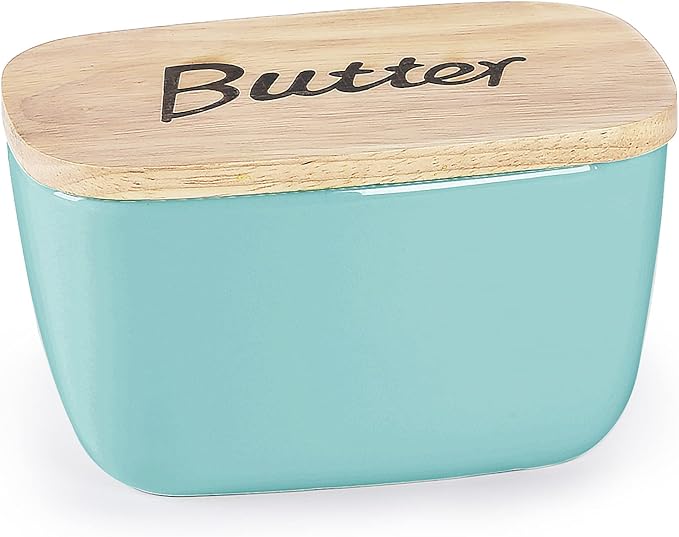 GDCZ Ceramics Butter Dish with Wooden Lid- Large Covered Butter Holder for Countertop, Butter Keeper Container Perfect for Holds 4X 4oz West/East Coast Butter,Turquoise