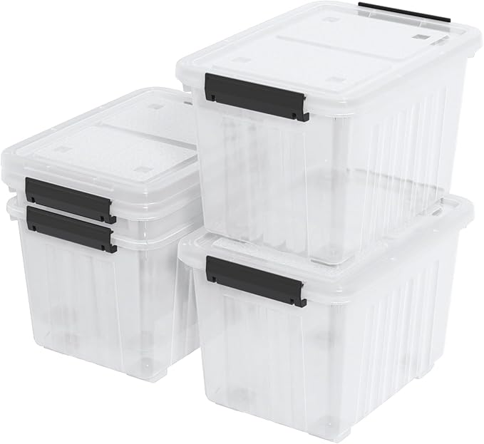 Obstnny 50 L Clear Plastic Storage Bins with Wheels, Large Lidded Organizer Boxes, 4 Pack