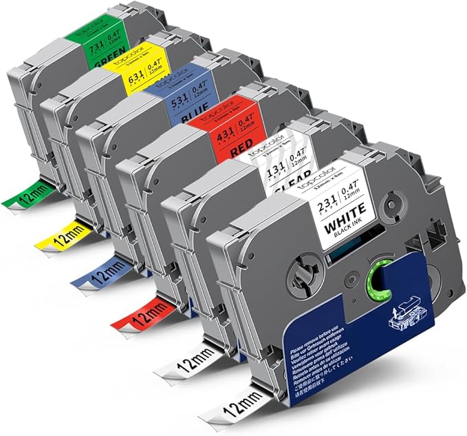 6-Pack 12mm 0.47" Laminated Label Tape Compatible for Brother P Touch Label Tape Tze Tz 12mm 0.47" Multi-Color Tze 231 131 431 531 631 731 1/2" Inch for PT-D220 PT-D210 PT-H130W PT2430 PTD400