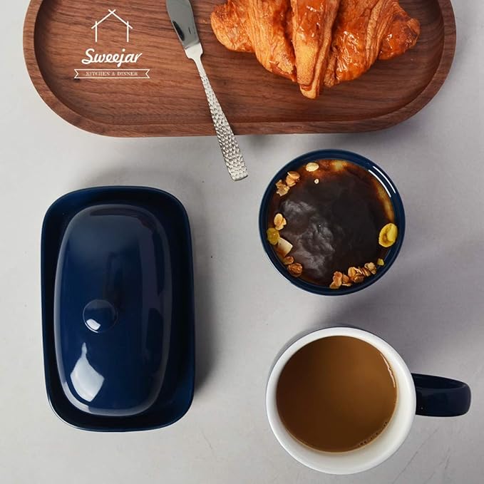 Sweejar Ceramic Butter Dish with Lid for Countertop,Porcelain Butter Keeper with Knob Handle,Butter Container for East/West Coast Butter, 7.1*3.7 inches (Navy)