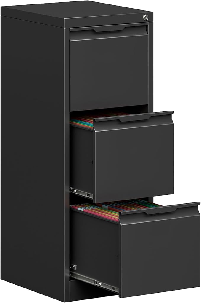 3 Drawer File Cabinet with Lock,Vertical Filing Cabinets for Home Office,Heavy Duty Metal File Cabinet for Hanging A4/Letter/Legal Size File,Vertical File Cabinet 15" W X 17.8" D X 38.3" H-Black