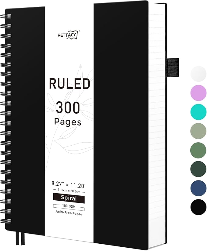 RETTACY Spiral College Ruled Notebook, 300 Pages, A4 Large Size (8.2" x 11.2"), for School, Work, Writing, Journaling, 100 GSM Thick Paper, Flexible Plastic Cover (Black)