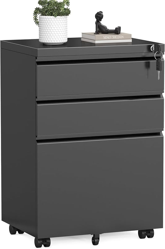 INTERGREAT 3 Drawer Mobile File Cabinet with Lock, Metal Filing Cabinets for Home Office, Rolling Under Desk Organizer for Letters/Legal/A4, (Fully Assembled-Black)