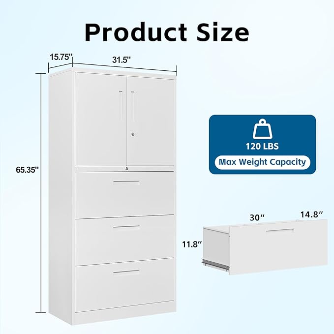 3-Drawer Metal File Cabinet, Lateral Vertical Filing Cabinets for Home Office, Locking Cabinet with Storage Shelves, Legal/Letter/A4 Size Office File Cabinet,(White, Assemble Required)
