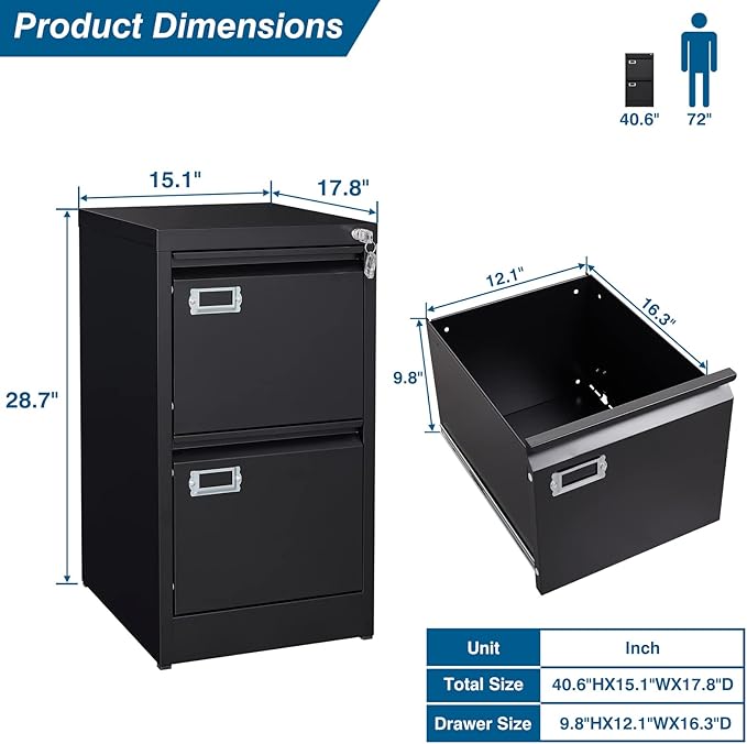 2-Drawer File Cabinet, 16.3" Deep Vertical Metal Filing Cabinet with Lock for Home Office, Anti-Tip 2 Storage Drawers for Letter/Legal/A4/F4 Size (Assemble Required, Black)