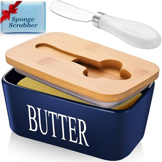 Butter Dish with Lid: Large Butter Container for Countertop - Ceramic Butter Holder for Counter - Butter Tray Butter Keeper with Knife and Sponge Scrubber - Perfect for 2 Sticks of Butter Blue