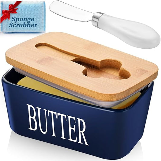 Butter Dish with Lid: Large Butter Container for Countertop - Ceramic Butter Holder for Counter - Butter Tray Butter Keeper with Knife and Sponge Scrubber - Perfect for 2 Sticks of Butter Blue