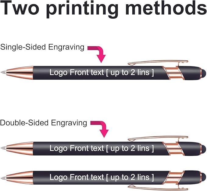 12-960 Custom Pens, personalized text and logo design, black ink, with touch pen tip, ideal for business, graduation gifts, and various events.
