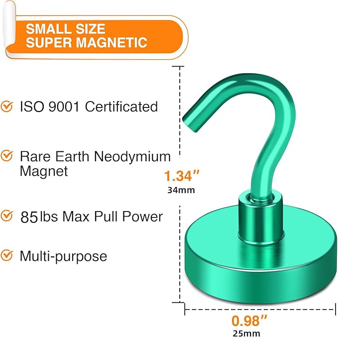 MIKEDE Strong Magnetic Hooks, 120Lbs Heavy Duty Magnetic Hooks for Cruise, Neodymium Earth Magnets with Hooks for Hanging, Super Metal Industrial Magnets for Grill, Storage (Green,10 Pack)